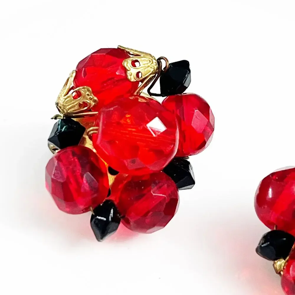 Vintage Red Faceted Bead Cluster Clip Earrings